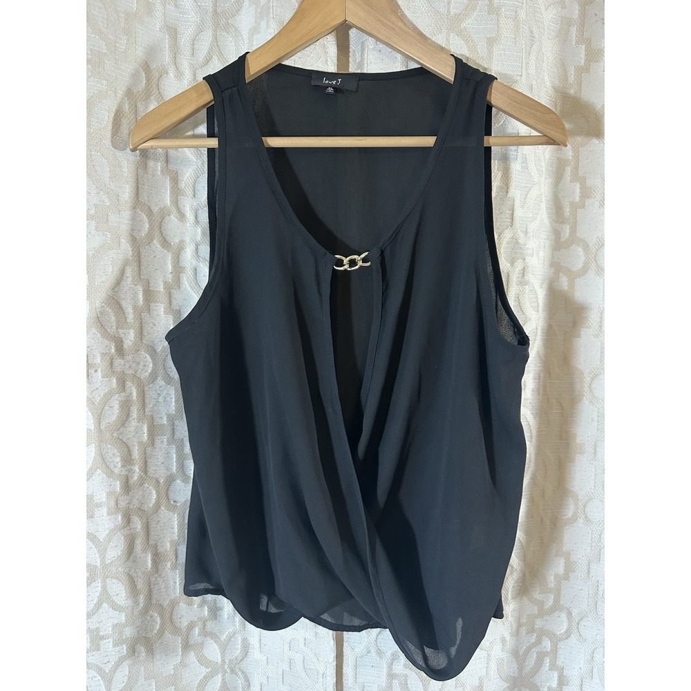 Women's Love J Black Waist Length Top Shirt Sleeves Gold Chain Detail Size XL